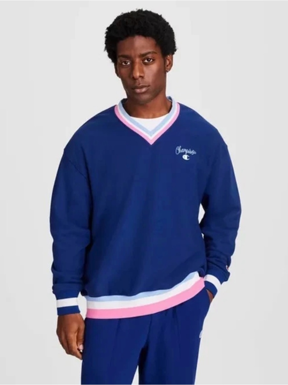 Champion Navy V‑Neck Striped Trim Sweater size XXL